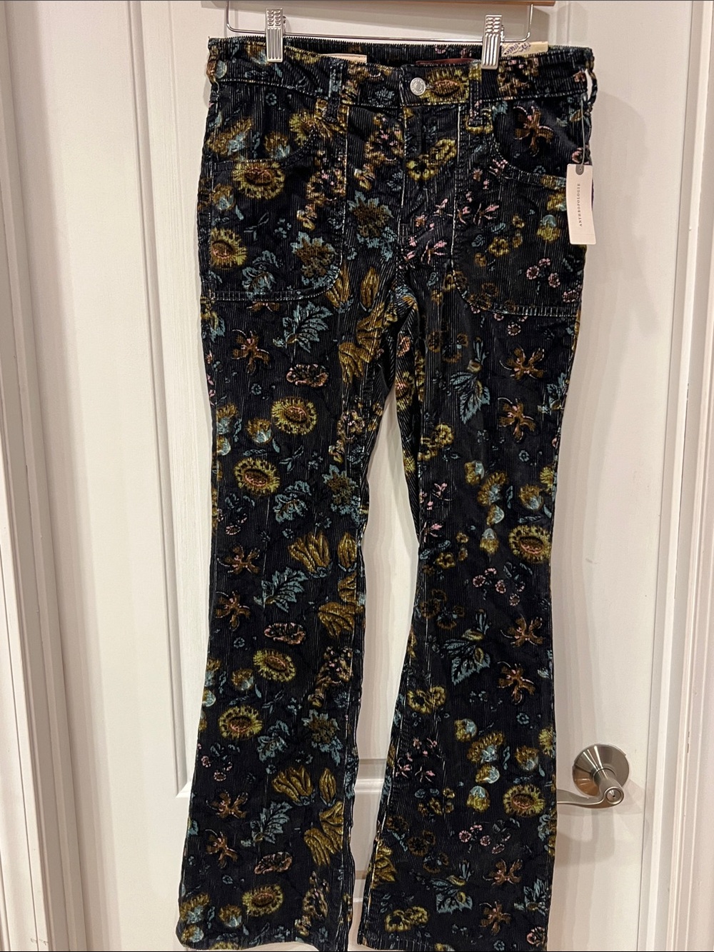 Pilcro Black Corduroy Flare Jeans with Multicolor Floral Motif